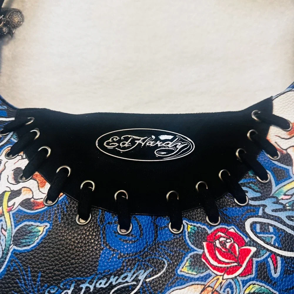 Ed Hardy Womens Fringe Hobo Bag Skull Rose Tattoo Print Blue Black Y2K New